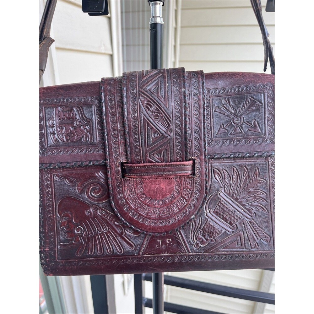 Vintage Mexican Aztec Mayan Tooled Brown Leather Handbag Purse Boho Hippie Vibe - Picture 4 of 16